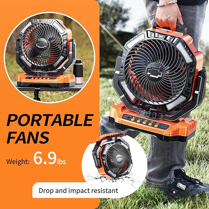 Camping LED Fan with Light, 40000mAh Rechargeable Battery Powered Outdoor Tent Fan with Light and Hook, 4 Speed, Personal USB Desk Fan for Camping, Fishing, Power Outage,Hurricane, Worksite
