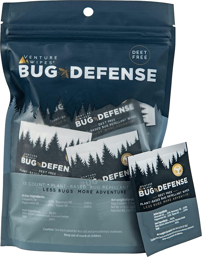 Venture Wipes Natural Mosquito Repellent Wipes - DEET-Free Bug Repellant - Long Lasting Insect Repellent Wipes - Travel Friendly - Citronella, Peppermint, and Rosemary Infused - 15 Count Bag