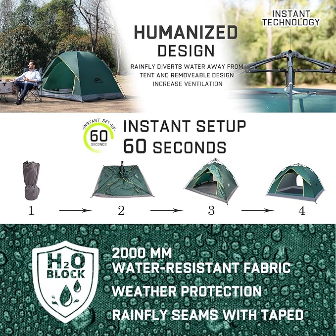 Happy Travel 1/2/3/4 Person Camping Tent, Instant Easy Pop Up Tents for Camping,Automatic Waterproof Family Camping Tent, Easy Set Up Tent,Portable Windproof Dome Tent for Camping Hiking & Traveling