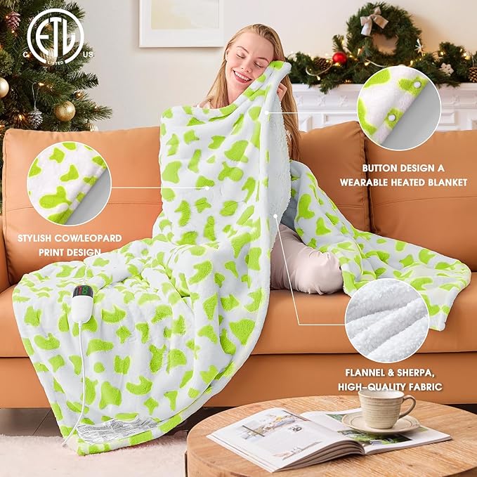 Green Cow Heated Electric Blanket Throw, 50X60 Heating Blanket with 10 Heats Levels & 8 Hours Auto Off, Cute Christmas Yoga Gifts for Women Teen Girls Mom Pets, Home Decor for Living Room Bedroom