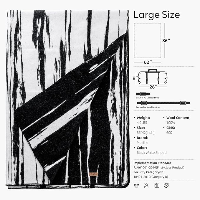 100% Wool Blanket, 62" x 86", Warm, Thick, Washable, Military Wool Blanket, Great for Camping, Outdoors, Sporting Events, Survival Kits,Black White Striped