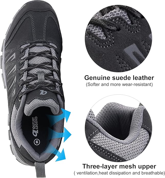 OL OUTJET LEGEND Men's Waterproof Hiking Shoes Leather Comfortable Lightweight Anti-Slip Outdoor Walking Work Sneakers