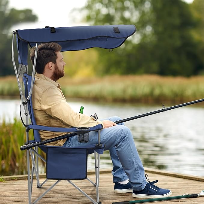 Camping Chair, Oversized Folding Chair with Canopy, Portable Outdoor Chair with Arms, Cup Holder and Carry Bag for Camping, Fishing, Beach, and Sports, Navy Blue