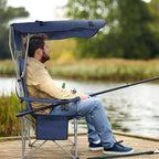 Camping Chair, Oversized Folding Chair with Canopy, Portable Outdoor Chair with Arms, Cup Holder and Carry Bag for Camping, Fishing, Beach, and Sports, Indigo