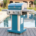 Kenmore 3-Burner Propane BBQ Grill, 30,000 BTUs Gas Grill with Cast Iron Cooking Grates, Folding Side Tables & Wheels, Outdoor Grill with Tool Hooks, Teal