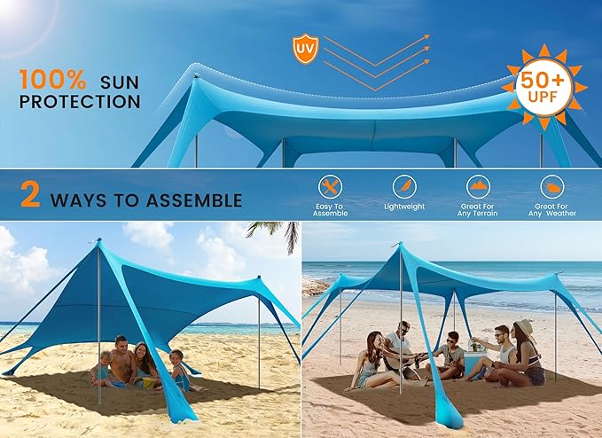 Beach Tent Sun Shelter, Portable Sun Canopy UPF50+ Outdoor Shade with 4 Stability Poles and 8 Sandbags, 10 x 10ft, Sand Shovel, Ground Pegs and Carry Bag for Beach, Camping, Fishing, Picnics