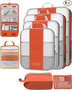 8 Set Compression Packing Cubes for Travel Essentials,Compressible Expandable Packing Cubes for Suitcase,OlarHike Luggage Organizer Bags for Travel,Handy Helper for Organizing Clothes(Orange)
