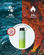 BUZIO 40oz Insulated Water Bottle, Triple Wall Stainless Steel Water Flask with 2 lids, Leakproof BPA-Free Straw Lid Sports Canteen for Sports Hiking, Cold 48H & Hot 24H- Gradient Green