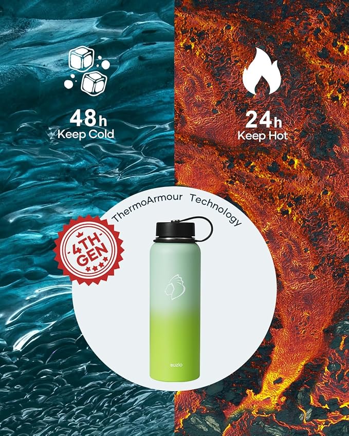 BUZIO 40oz Insulated Water Bottle, Triple Wall Stainless Steel Water Flask with 2 lids, Leakproof BPA-Free Straw Lid Sports Canteen for Sports Hiking, Cold 48H & Hot 24H- Gradient Green