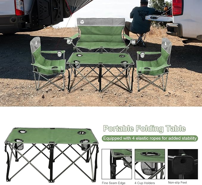 Northroad Folding Camping Chair Set of 4, Portable Collapsible Conversation Set w/1 Sofa, 2 Single Chairs, 1 Table for Family Patio, Outdoor Travel, Beach(Green)