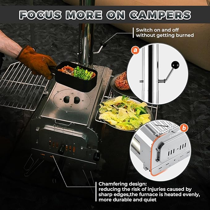 KingCamp Hot Tent Stove, Foldable Camping Stove with Large Firebox, 7.5ft Winter Camping Stove for Tent, Shelter, Cabin Heating, With Chimney Pipes, Heat Resistant Glass & Gloves for Outdoor