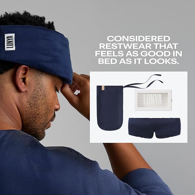 Lunya Sleep Mask with Box - Washable Silk Sleeping Mask and Headband for Beauty Routines - Thermoregulating Comfort for Restful Nights - Silk Eye Mask for Women - Large - Deep Blue