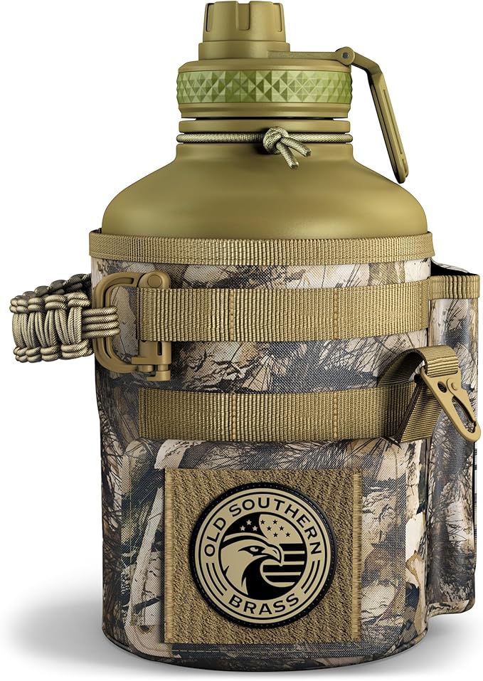 Combat Canteen - 64oz Insulated Water Bottle with Paracord Handle, Stainless Steel Water Jug with Rugged Pockets for Keys, Wallet & Phone - Woodland Camo