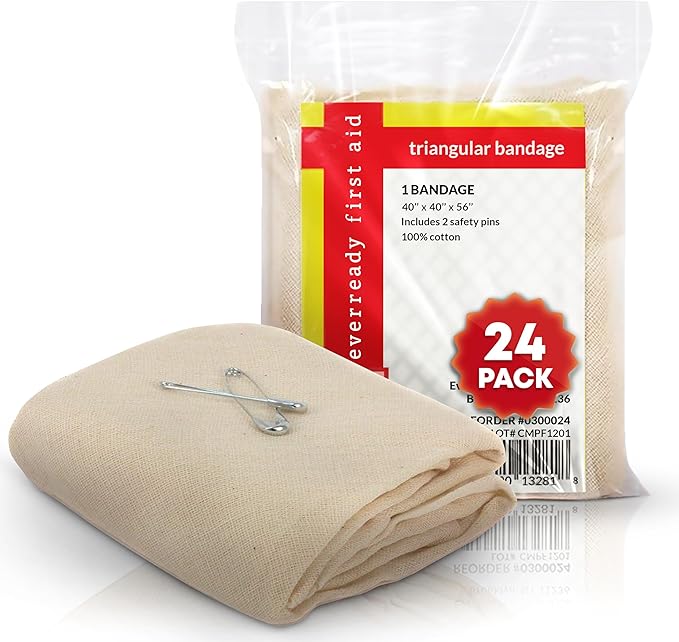 Triangular Bandage, 40" x 40" x 56", 100% Cotton, Individually Wrapped with 2 Safety Pins Per Bandage, Multi-Purpose Sling & Dressing for First Aid Kits – 24 Pack
