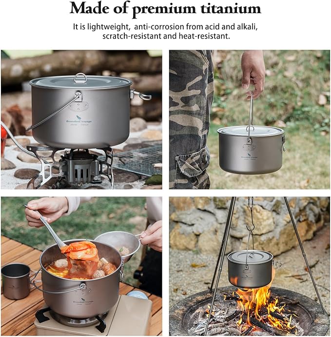 iBasingo Titanium Camping Pot with Lid 2.9L Ultralight Backpacking Cookware with Foldable Handle for Hiking, Picnic & Outdoor Durable Portable Metal Cooking Ti Hanging Pot Ti2045C