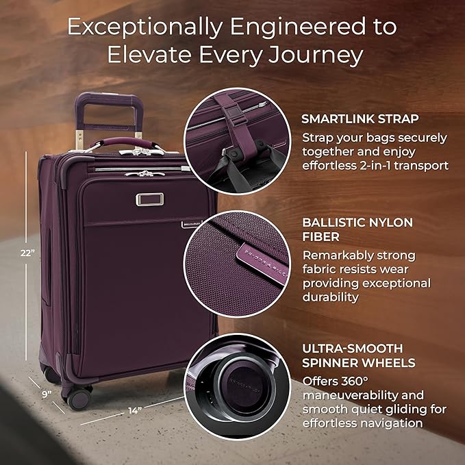 Briggs & Riley Essential 22" Carry On Expandable Spinner - Luggage for Travel, Suitcases with Wheels, Softside Rolling Bag for Men & Women, Self-Repairing Zipper - Baseline Collection, Plum