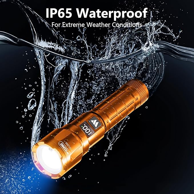 WdtPro LED Rechargeable Flashlight 2 Pack, Super Bright Zoomable 6000 Lumens Tactical Flashlight with LCD Digital Display, 3 Mode Waterproof Flash Light for Camping, Hunting & Home Emergency - Orange