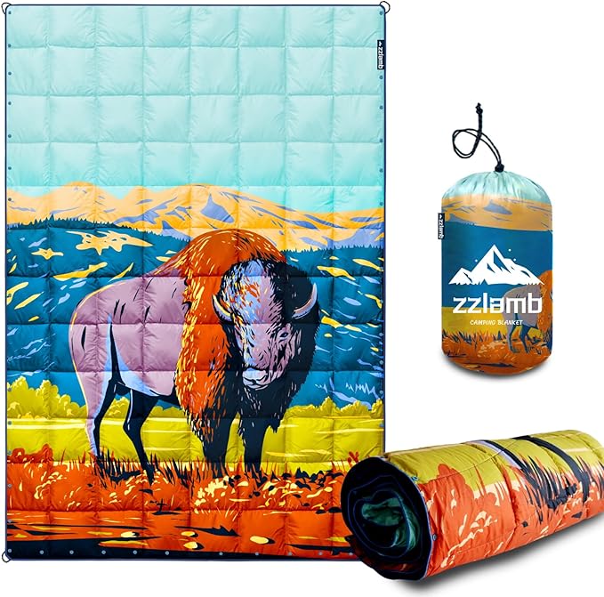 zzlamb Camping Blanket, Outdoor Lightweight Travel Blanket Puffy Portable Down Alternative, Windproof Warm Cloak with Snaps, Cozy Quilt Backpacking Picnic RV Plane Car Hammock Beach Climbing