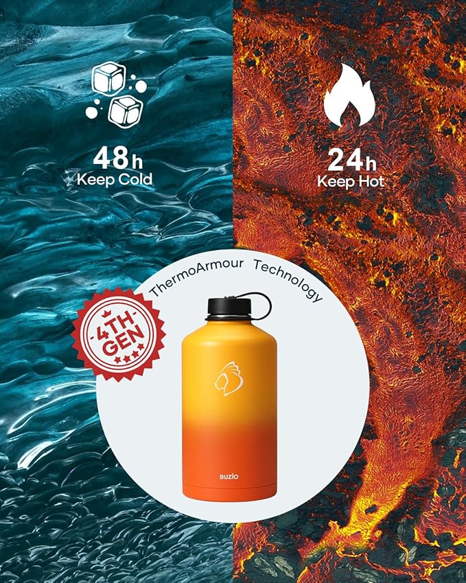 BUZIO 128oz Gallon Water Bottle, Insulated Water Jug with Straw Lid and Carrying Sleeve (Cold for 48 Hrs) Stainless Steel Hydro Metal Canteen Water Flask, Yellow Orange