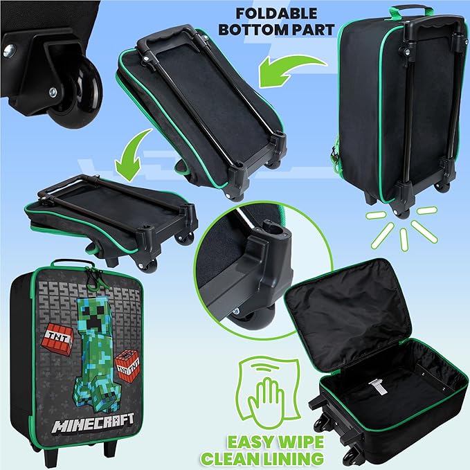 Minecraft Kids Luggage with Wheels Foldable Rolling Suitcase Creeper Travel Bag Vacation Weekend Trips Travel Essentials (L18.1inch x W11.8inch - 15L, Black)
