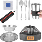 Outdoor Camping Mess Kit - 1 to 2 persons Camping Dishes Includes Cups, Bowls, Dishes, Knives, Forks, Spoons, Etc, Camping Dinnerware Set with Mesh Bag is Easy to Carry Camping Tableware Set