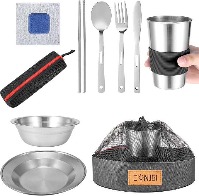 Outdoor Camping Mess Kit - 1 to 2 persons Camping Dishes Includes Cups, Bowls, Dishes, Knives, Forks, Spoons, Etc, Camping Dinnerware Set with Mesh Bag is Easy to Carry Camping Tableware Set