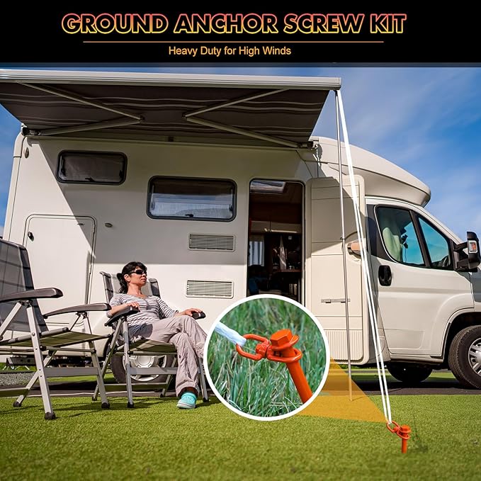 8 Pcs Ground Anchors Screw in, 12 Inch Heavy Duty Tent Stakes with Trampoline Anchor Hook Ground Stakes for Camping Tent Canopies Ports Sheds Swing Sets Securing Animals (Orange)