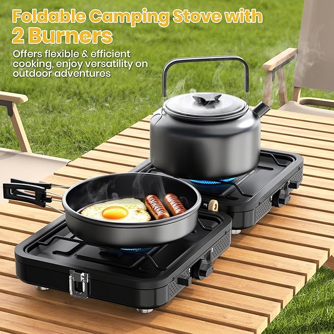 Camp Stove Propane, 2 Burner Folding Propane Camping Stove with Carrying Bag, Adjustable High Heat Burners & Piezo Push-Button Instant Ignition, Outdoor Tailgating, Backyard BBQ Camping Essentials