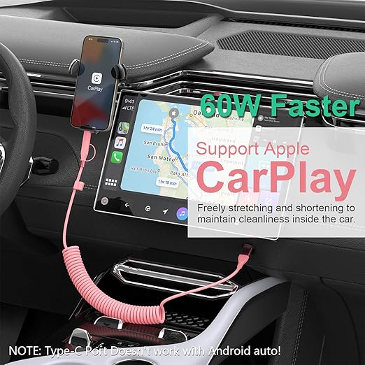 Coiled Carplay 4-in-1 USBA/Type C to USB-C/Lightning Cable Multi Combo for Apple Carplay& Android Auto,60W Fast Charge&Data Sync Car Charger Cord for iPhone 15/14/13/12,Samsung,Android-Pink