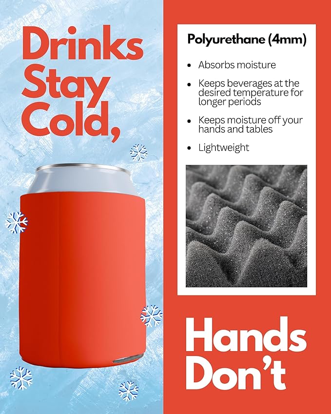 PartyPrints 100 Pack Tangerine Blank Can Cooler Sleeves, Customizable Bulk Insulated Foam for Beer, Collapsible Plain Drink Holder, Cold Soda Insulator, 12oz Regular, 16oz Tall Cans
