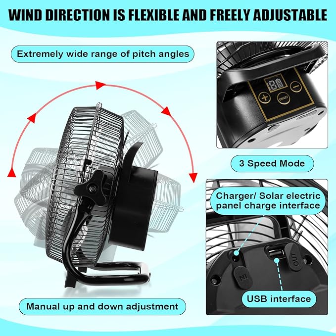 10 Inch Solar Panel Powered Fan, 2 in 1 Solar Panel or AC Charger Powered Fan 12W 9V Portable for Chicken Coop Greenhouse Household Exhaust Camping Travel Outdoor(Black)