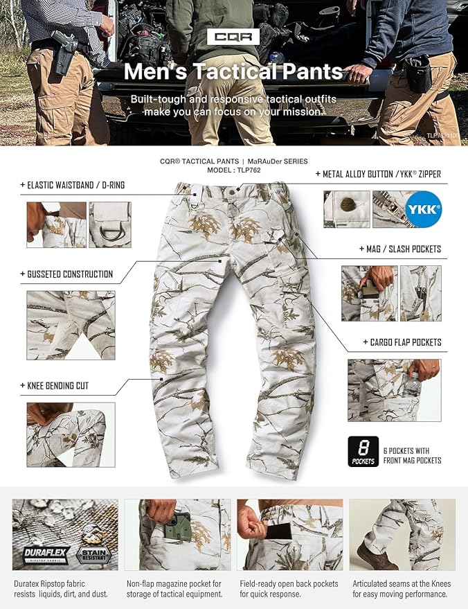 CQR Men's Flex Ripstop Tactical Pants, Water Resistant Stretch Cargo Pants, Lightweight EDC Hiking Work Pants