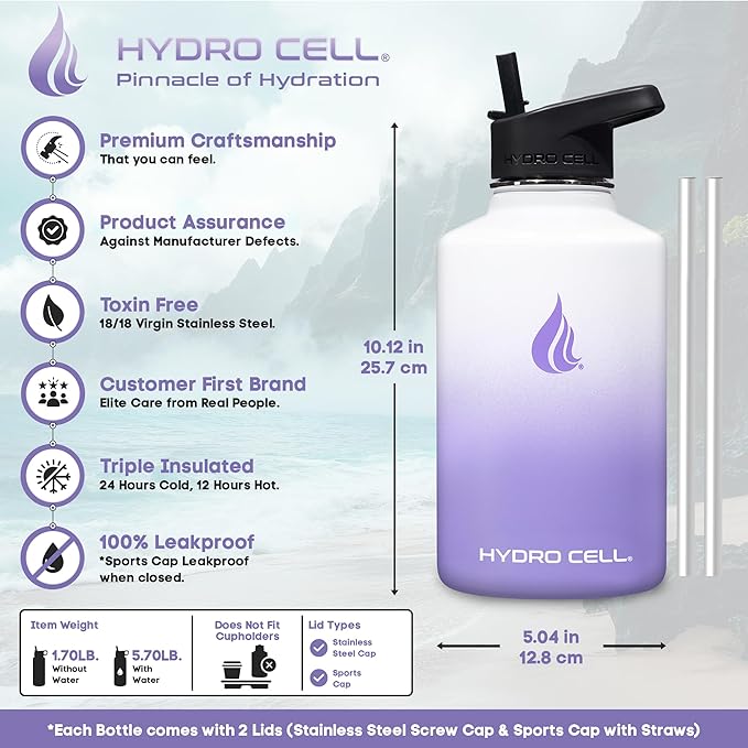 HYDRO CELL Stainless Steel Insulated Water Bottle with Straw - For Cold & Hot Drinks - Metal Vacuum Flask with Screw Cap and Modern Leakproof Sport Thermos for Adults (Lavender/White 64oz)