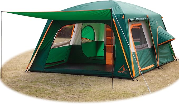 KTT Large Family Cabin Tent 10-12 Person,14.1X10X6.58ft,2 Rooms,3 Storage Pockets,2 Bay-Windows 3 Doors and 3 Windows with Mesh,Straight Wall,Waterproof,Double Layer,Big Tent for Outdoor,Camping