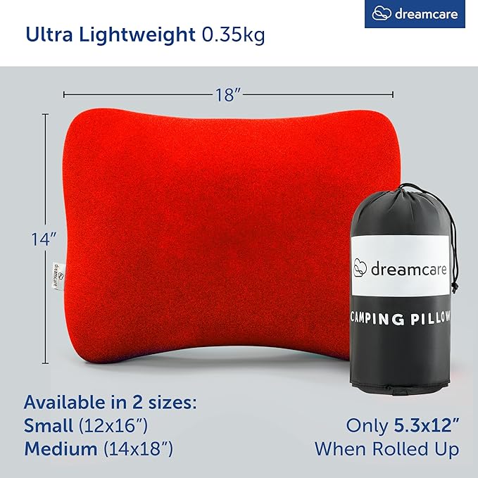 DREAMCARE Camping Pillow, Memory Foam Travel Pillow, Camping Accessories - Small Pillow Camping Essentials Camping Pillows for Sleeping, Backpacking Pillow, Travel Pillows for Sleeping (Medium, Red)