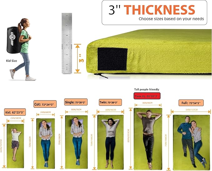 3 Inch GAIALOOP Thick Memory Foam Camping Mattress Sleeping Pad [Car/Tent/Cot] Glamping Portable Floor Mat Roll Up Futon Mattress for Guests Sleepover