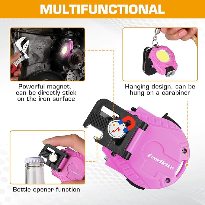 EverBrite 2 Pack COB Keychain Work Light, Mini Rechargeable Magnetic Keychain Light, Sensor Mode, Multifunctional Small Keychain Flashlights, Portable, Waterproof, for Camping, Hiking, 6 Modes, Pink