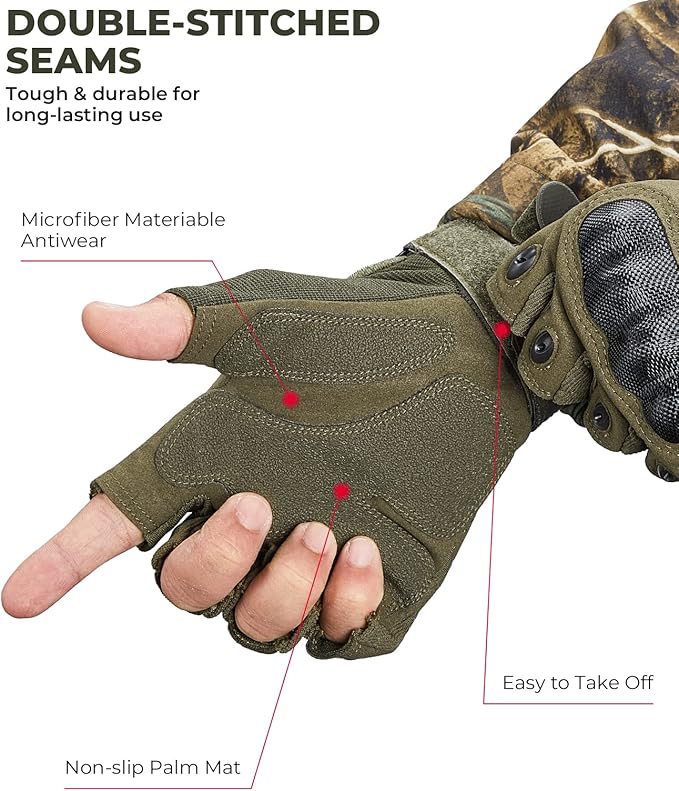 KEMIMOTO Fingerless Tactical Gloves for Men, Motorcycle Gloves for Outdoor Work Sports, Fingerless Cycling Gloves for Hunting Hiking Camping
