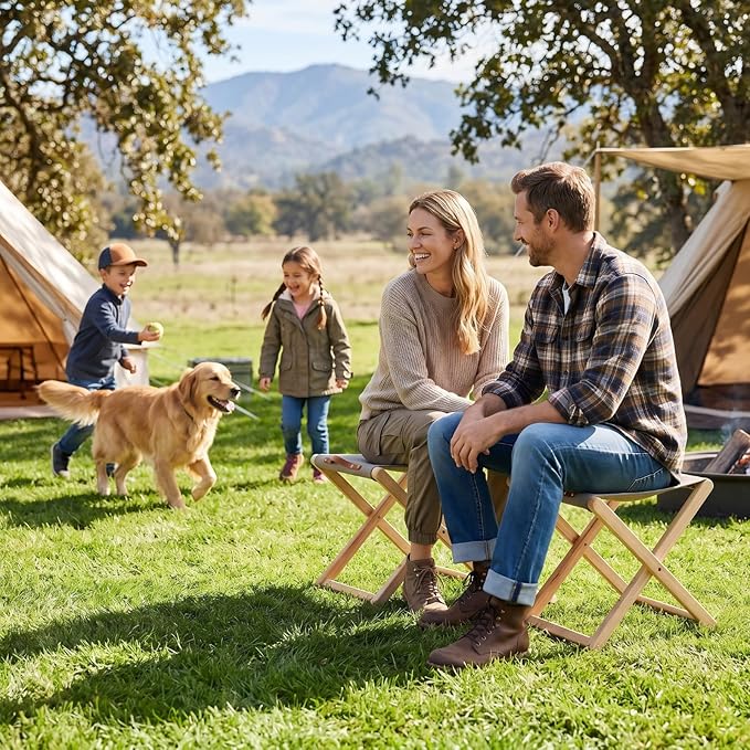 Folding Canvas Camp Stools Set of 4, Wood Folding Camping Stool Patio Portable Foot Stool for Garden Outdoor Fishing Picnic Travel BBQ, Grey