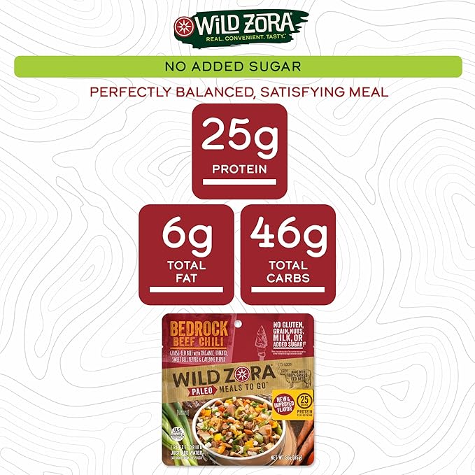 Wild Zora Paleo Freeze Dried Meals for Backpacking & Camping - Healthy Gluten Free & Grain Free Camping Meals/Backpacking Food + No Added Sugar - Great for Travel (Bedrock Beef Chili 2-pack)