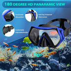 Snorkeling Gear for Adults, Mask Fin Snorkel Set, Dry Top Snorkel, Snorkeling Kit Travel Diving Package, Panoramic View Anti-Fog Anti-Leak Adjustable Swim Fins