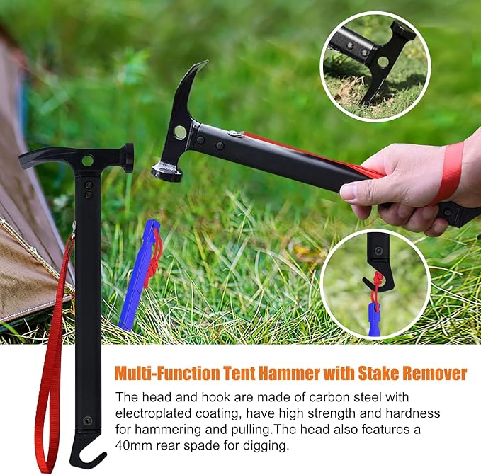 Eurmax USA Hiking Camping Tent Stakes and Hammer Set Lightweight Multi-Function Tent Hammer with Tent Stake Remover,Tent Pegs for Camping, Hiking, Backpacking, Gardening(Blue Stakes)