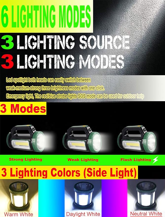 Solar Rechargeable LED Searchlight Spotlights, Super Bright 10000LM Handheld Spotlight Lantern, Multifunctional LED Lamp Camping Work Light, 6 Light Modes, IPX4 Waterproof