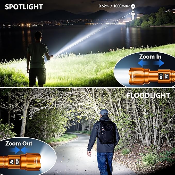 WdtPro LED Rechargeable Flashlight 2 Pack, Super Bright Zoomable 6000 Lumens Tactical Flashlight with LCD Digital Display, 3 Mode Waterproof Flash Light for Camping, Hunting & Home Emergency - Orange