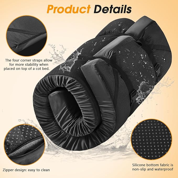 CYMULA Camping Cot Mattress 2in Memory Foam Sleeping Pad,Soft Warm Non-Slip Camping Mattress Topper with Retaining for Adults,Portable Roll up Pad for Travel(75 x30)（only Mattress）