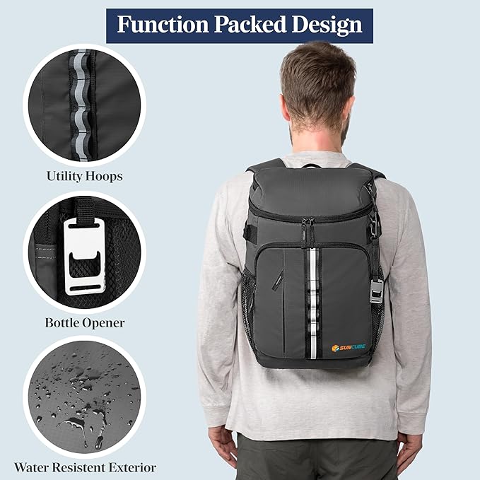 SUN CUBE Cooler Backpack 33 Can, Leakproof Insulated Backpack Cooler for Men Women, Camping Cooler Backpack for Beach Travel Hiking, Waterproof Lunch Backpack, Grey