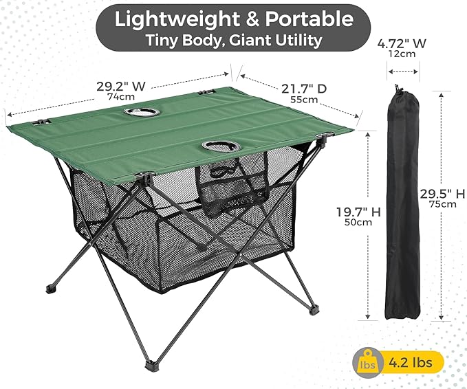 Lightweight Portable Fabric Camping Picnic Table - Collapsible Beach Table with 2 Cup Holders, Folding Canvas Outdoor Lawn Table - Easy Carry & Large Capacity Storage, 29.2"W x 21.7"D (Green)