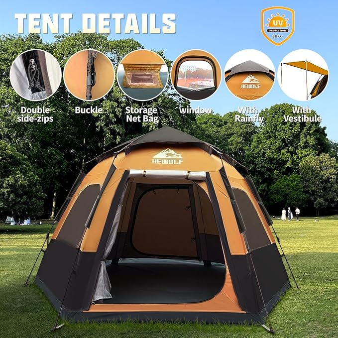 Hewolf 2/3/4 Person Camping Tent - Instant Pop Up Waterproof 2 Doors Tent with Easy Setup | 3-Season Hexagonal Dome Design for Family, Hiking & Traveling