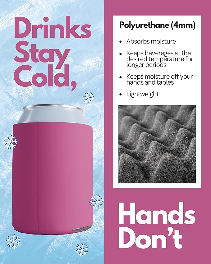 PartyPrints 200 Pack Neon Pink Blank Can Cooler Sleeves, Customizable Bulk Insulated Foam for Beer, Collapsible Plain Drink Holder, Cold Soda Insulator, 12oz Regular, 16oz Tall Cans