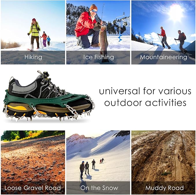 Crampons Ice Cleats Traction Snow Grips for Boots Shoes Women Men Anti Slip 19 Stainless Steel Spikes Safe Protect for Hiking Fishing Walking Climbing Mountaineering